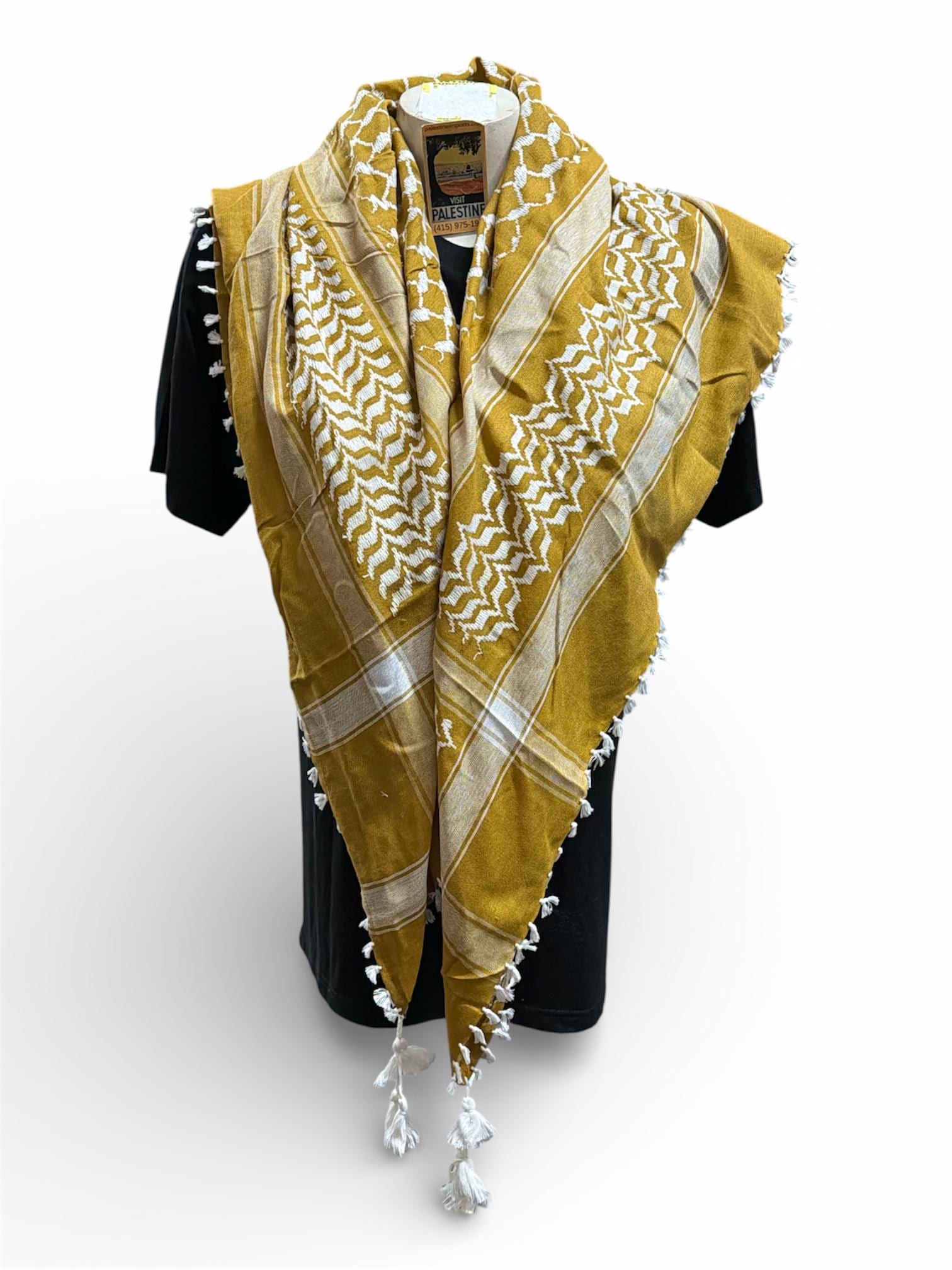 Woven keffiyeh white on tan with 4 sides Tassels - 48"x48"