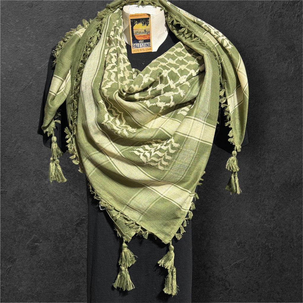 Woven keffiyeh tan on olive green with 4 sides Tassels - 48"x48"