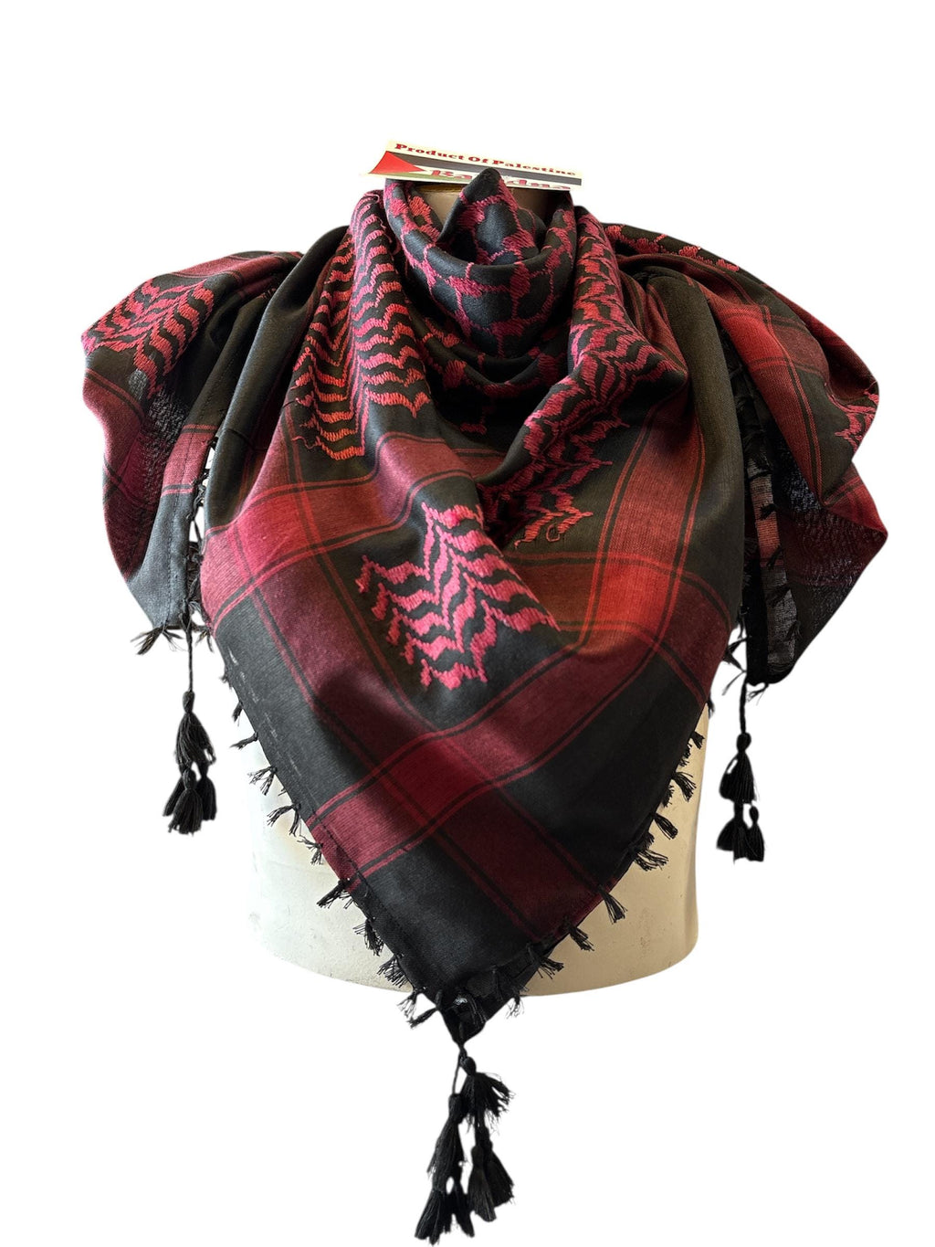 Woven keffiyeh hot pink on black with 4 sides Tassels - 48"x48"