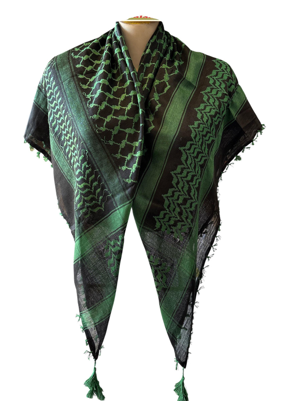 Woven keffiyeh green on black with 4 sides Tassels - 48"x48"