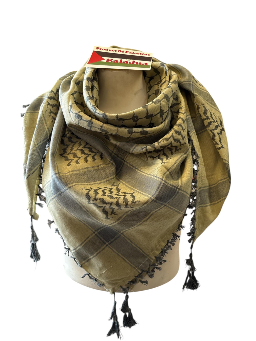 Woven keffiyeh grey on light olive green  with 4 sides Tassels - 48"x48"