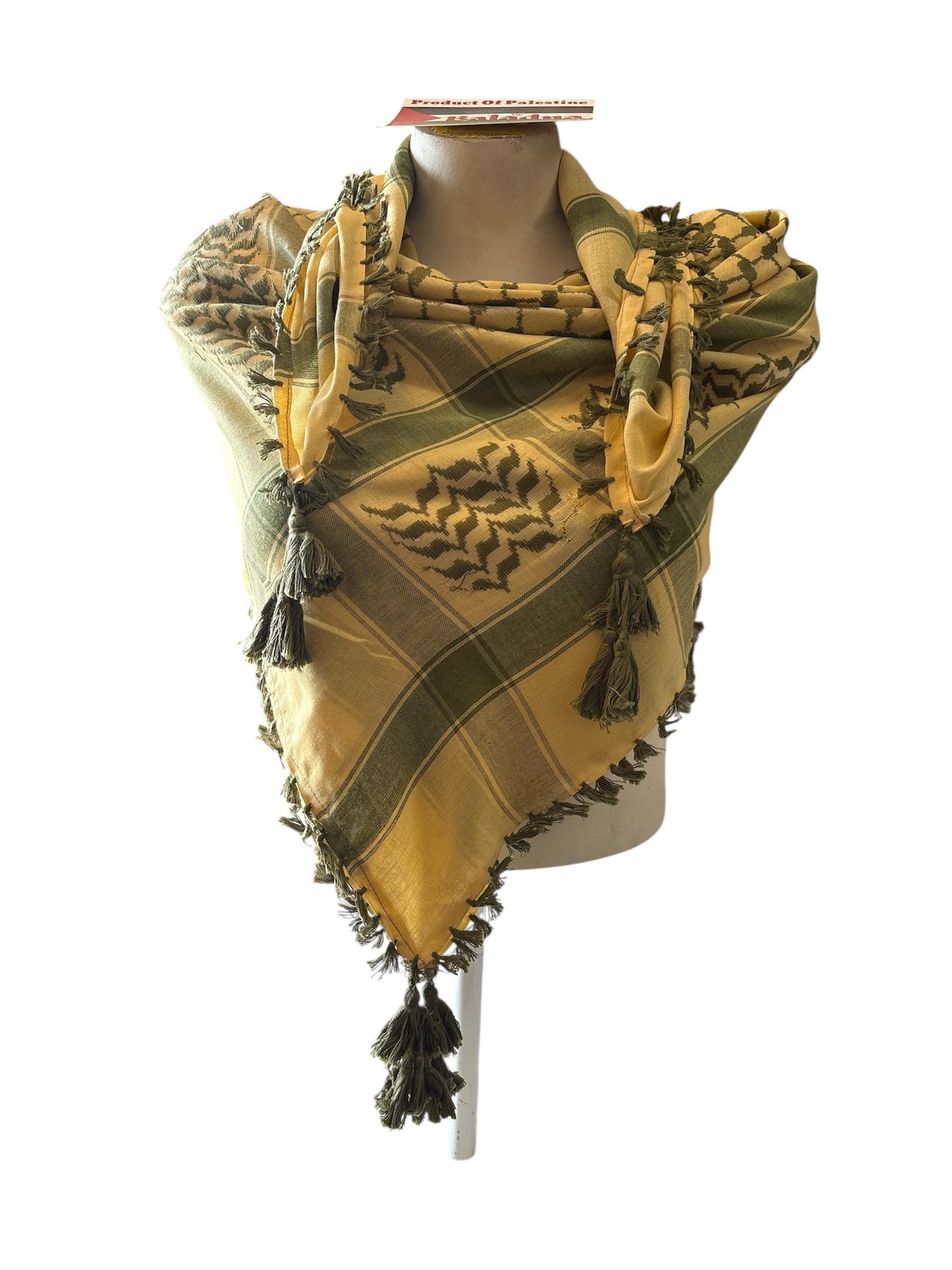 Woven keffiyeh olive green on tan with 4 sides Tassels - 48"x48"