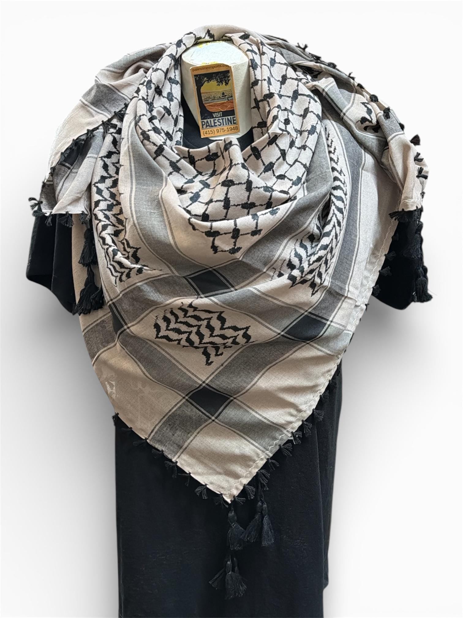 Woven keffiyeh Black  on beige with 4 sides Tassels - 48"x48" check pics for true color