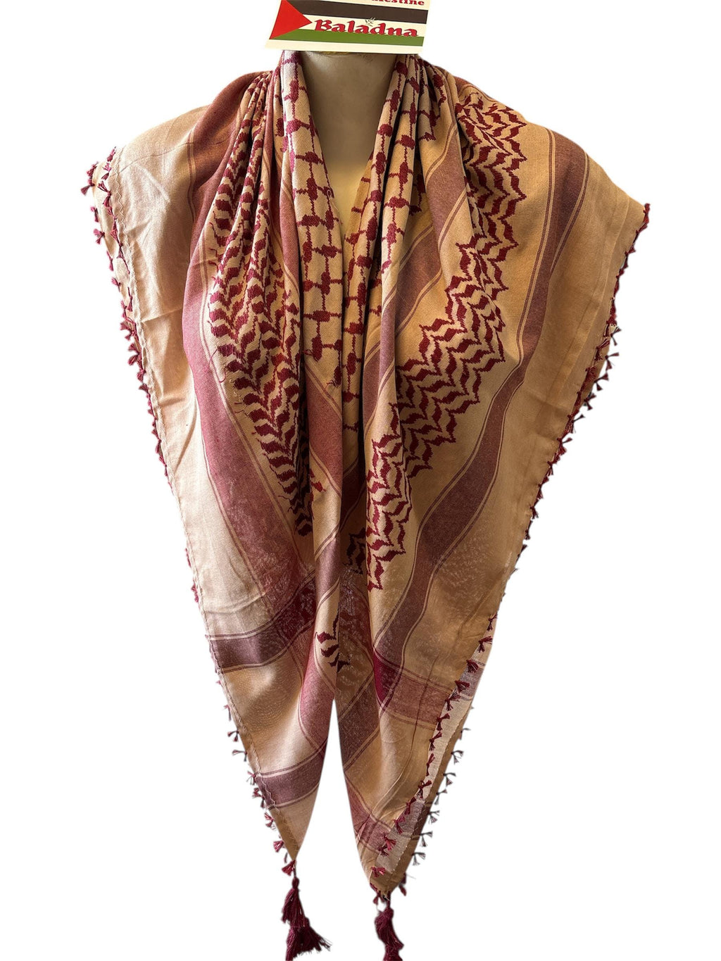 Woven keffiyeh burgundy on light peony with 4 sides Tassels - 48"x48"