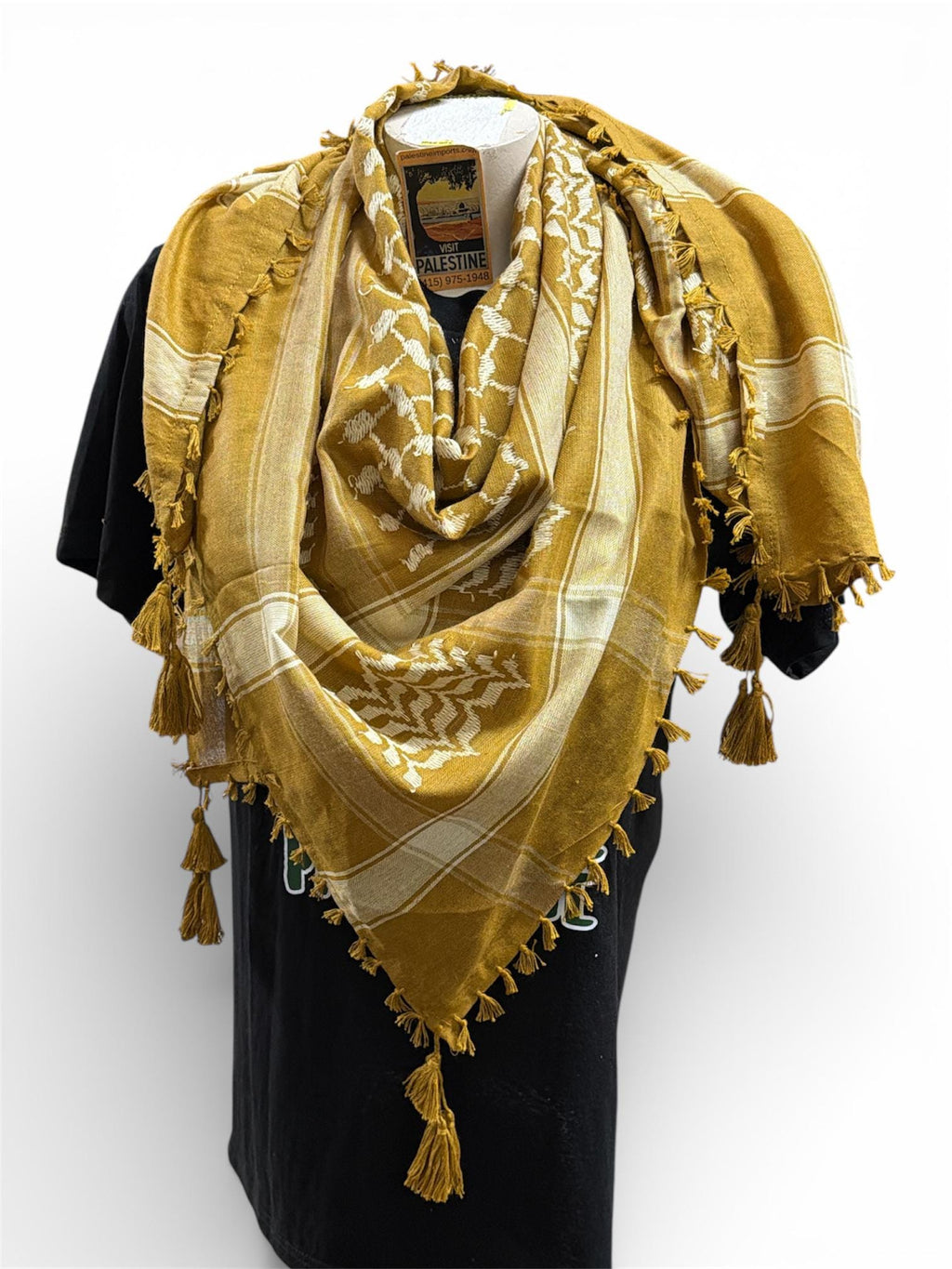 Woven keffiyeh cream on gold with 4 sides Tassels - 48"x48"