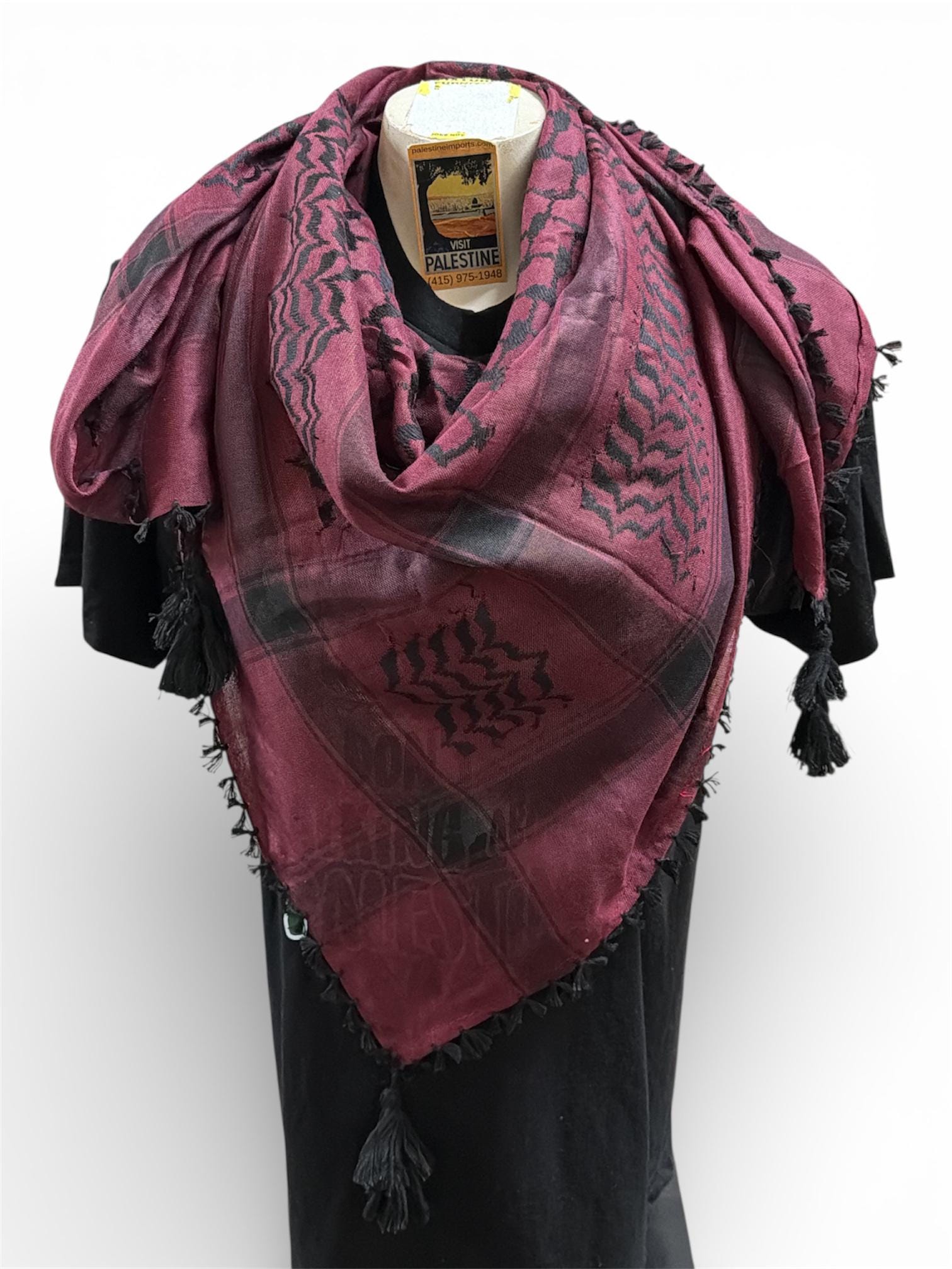 Woven keffiyeh black on hot pink with 4 sides Tassels - 48"x48"