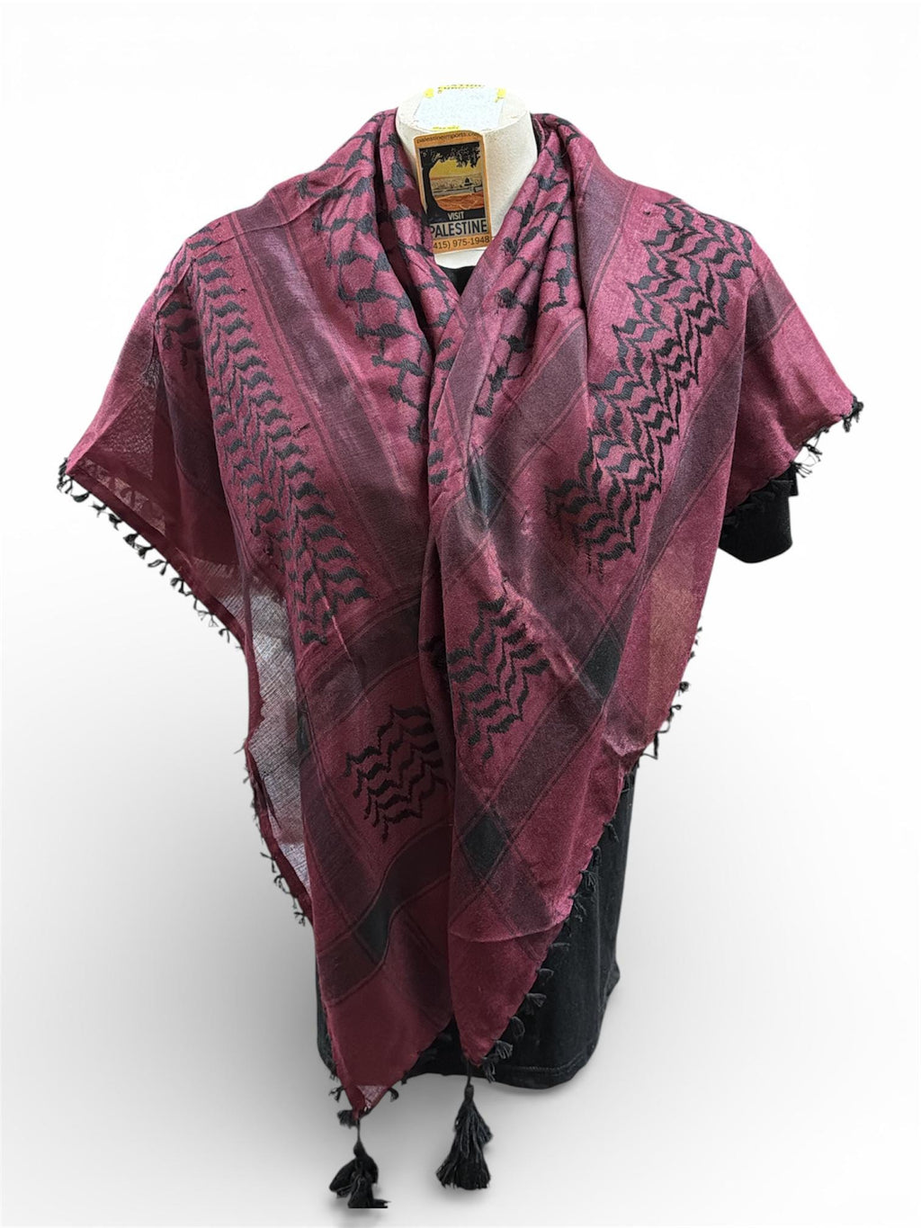Woven keffiyeh black on hot pink with 4 sides Tassels - 48"x48"