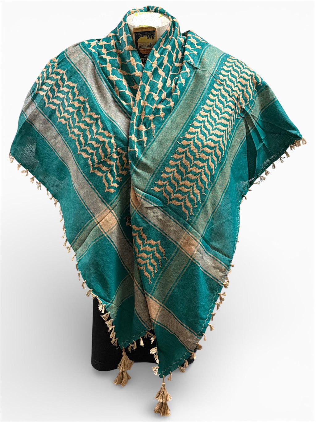 Woven keffiyeh cream on sea green with 4 sides Tassels - 48"x48"