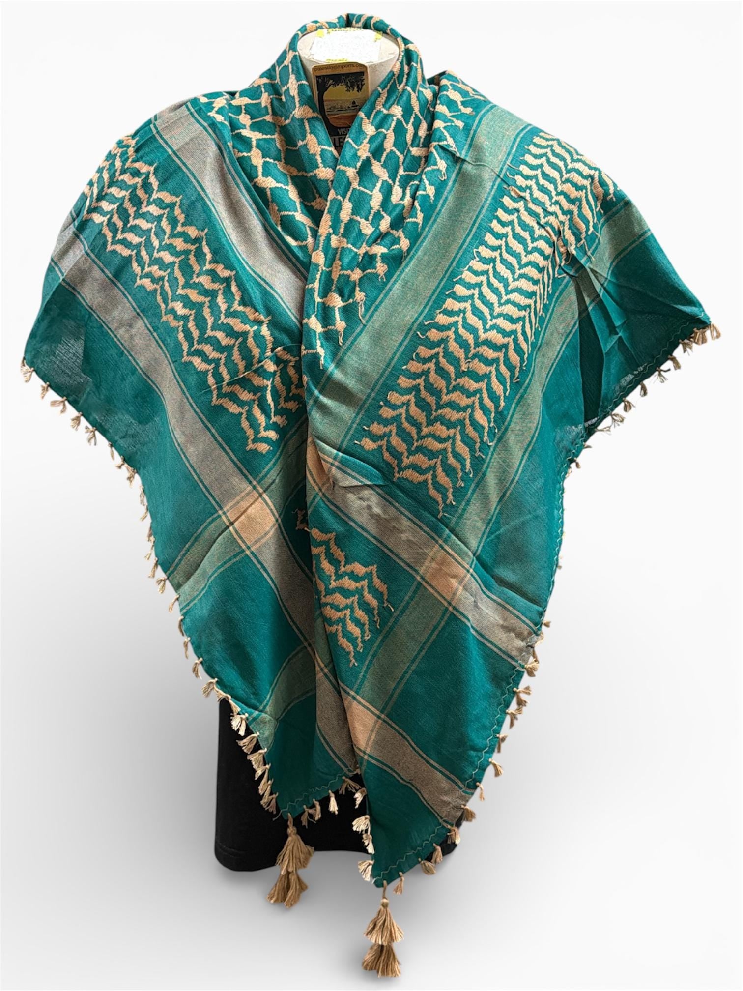 Woven keffiyeh cream on sea green with 4 sides Tassels - 48"x48"