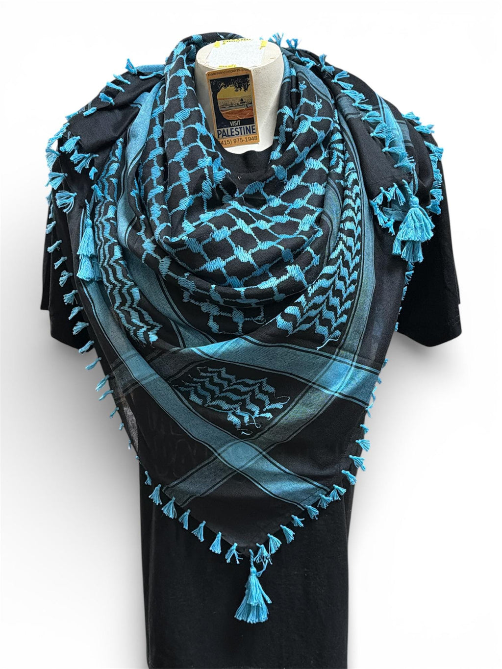 Woven keffiyeh blue on black with 4 sides Tassels - 48"x48"