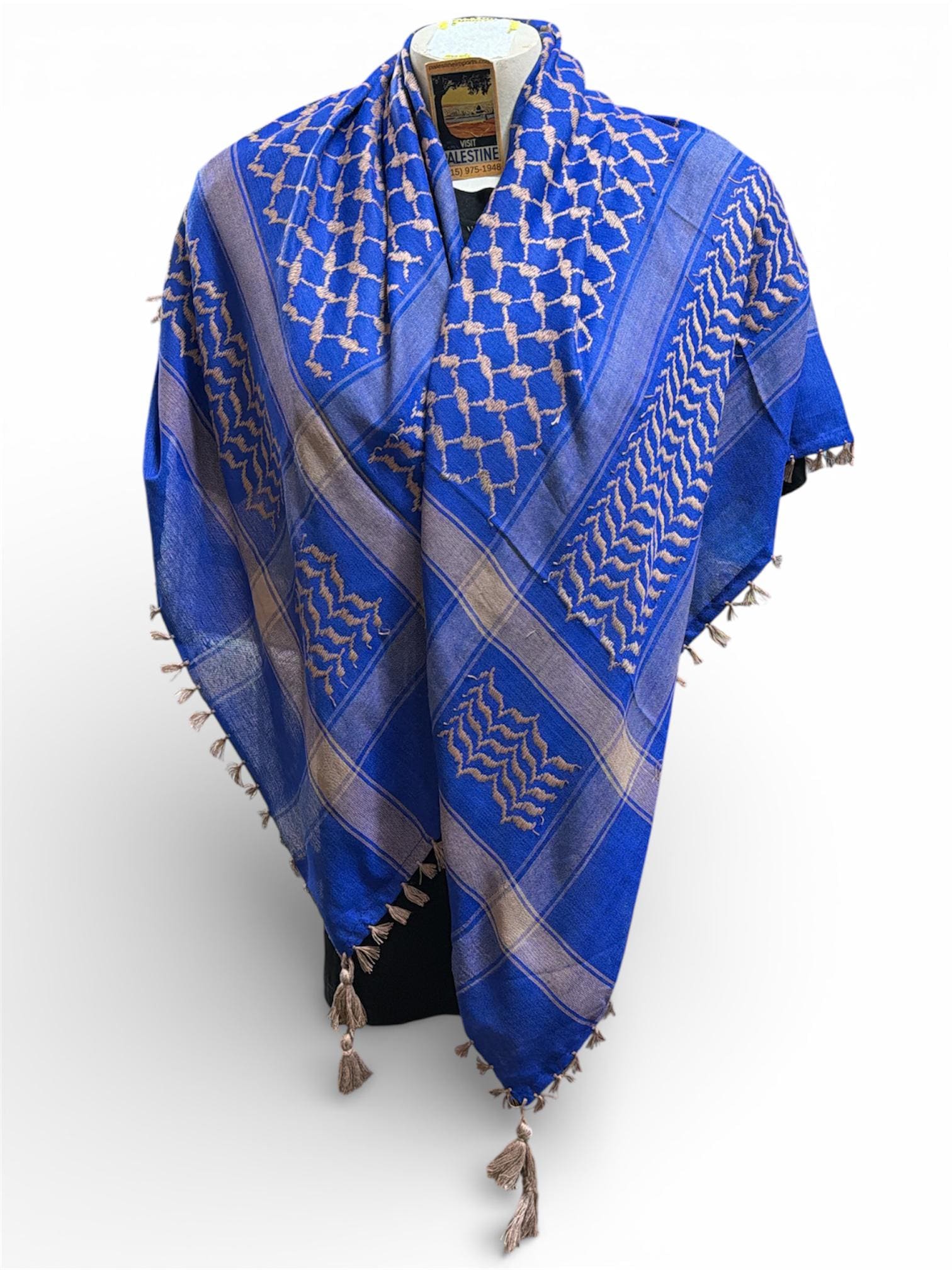 Woven keffiyeh light brown on Royal blue with 4 sides Tassels - 48"x48"