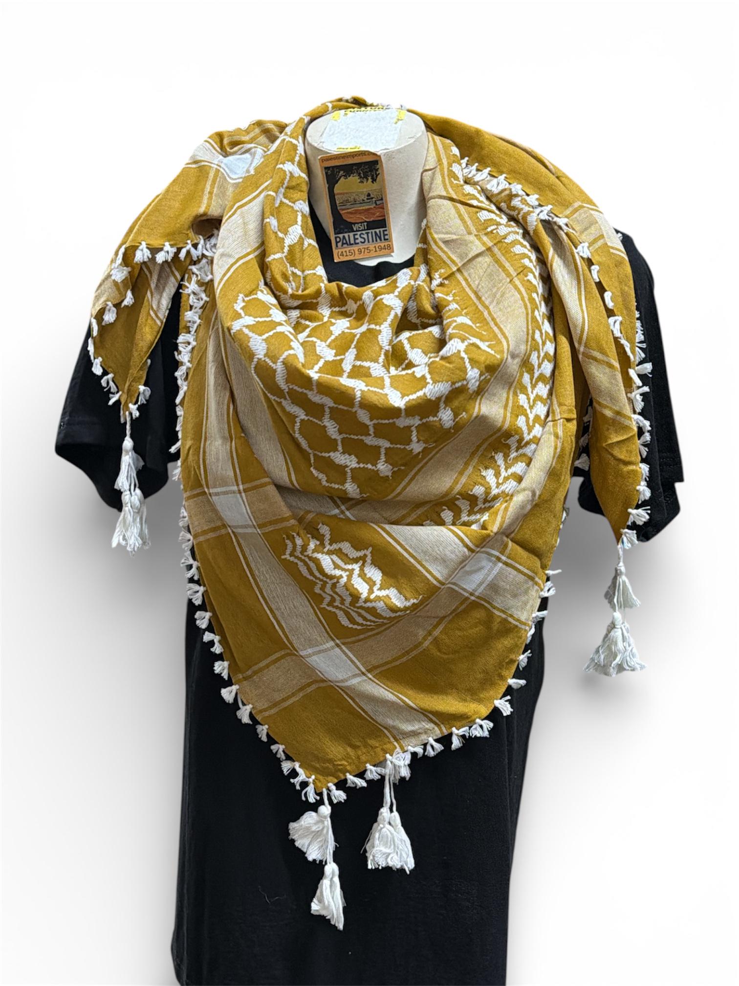 Woven keffiyeh white on tan with 4 sides Tassels - 48"x48"