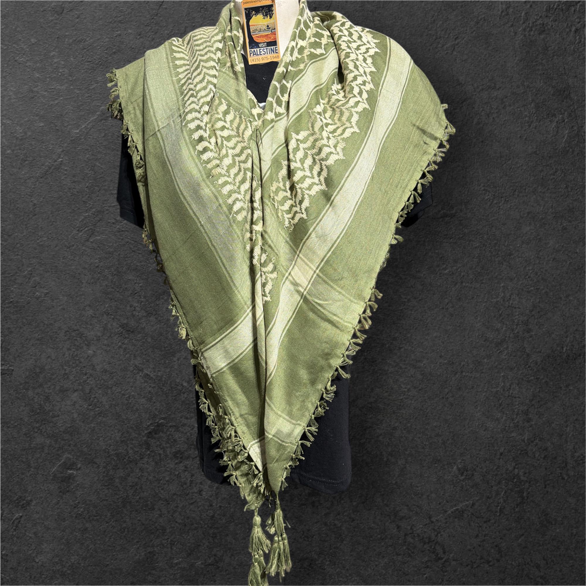 Woven keffiyeh tan on olive green with 4 sides Tassels - 48"x48"