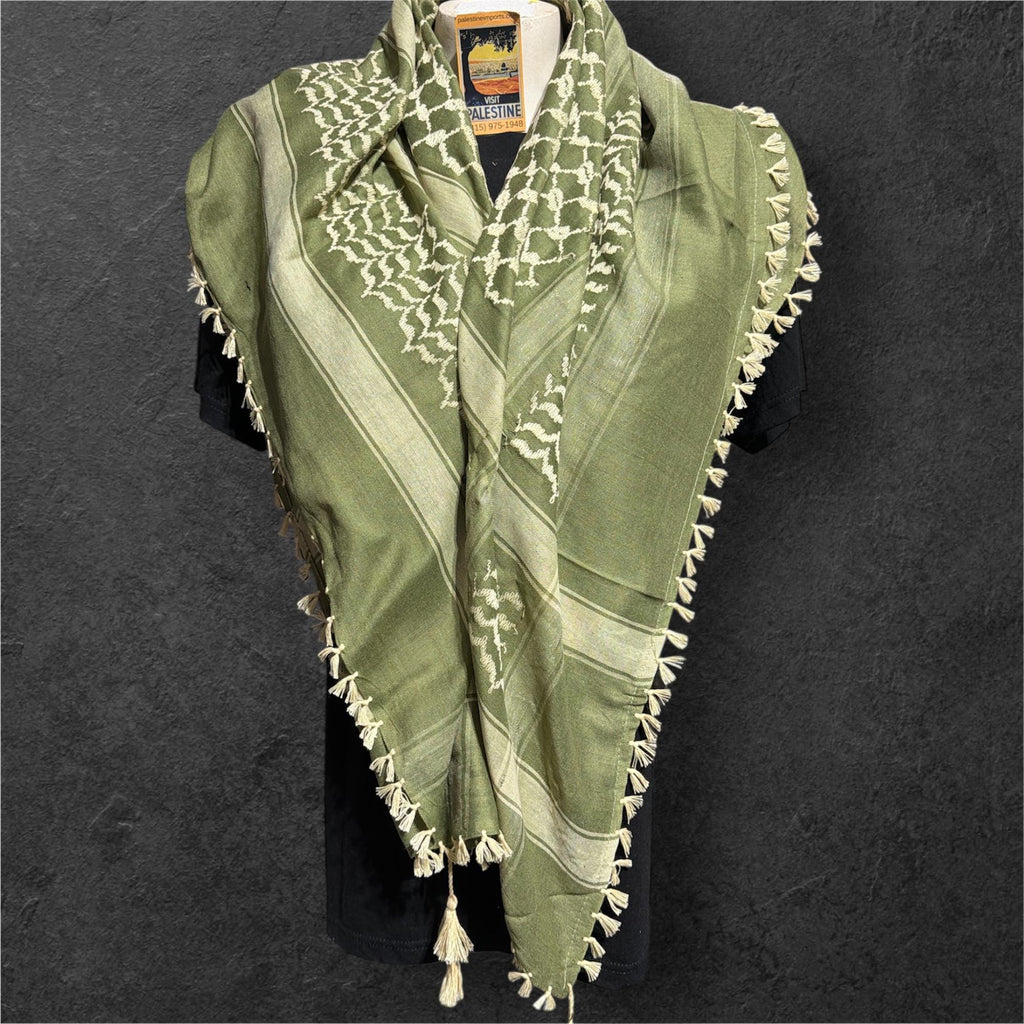 Woven keffiyeh tan on olive green with 4 sides Tassels - 48"x48"