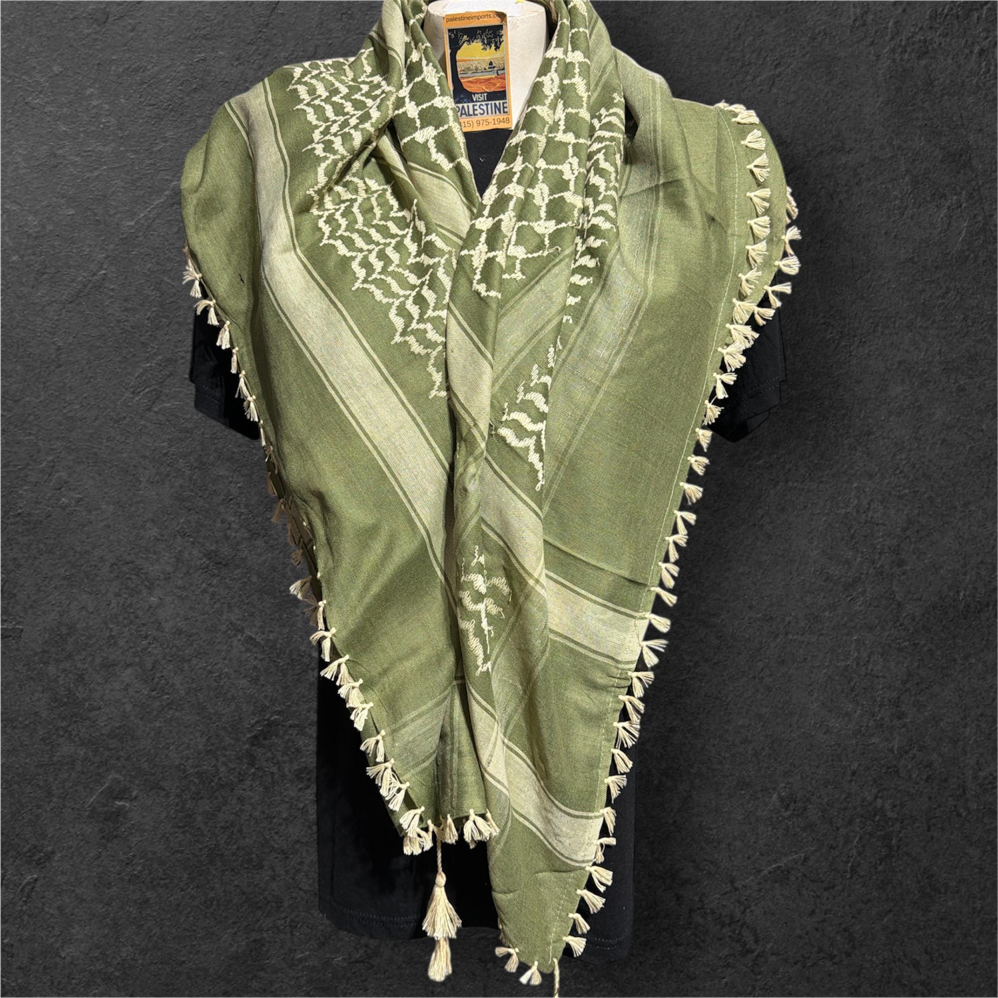Woven keffiyeh tan on olive green with 4 sides Tassels - 48"x48"