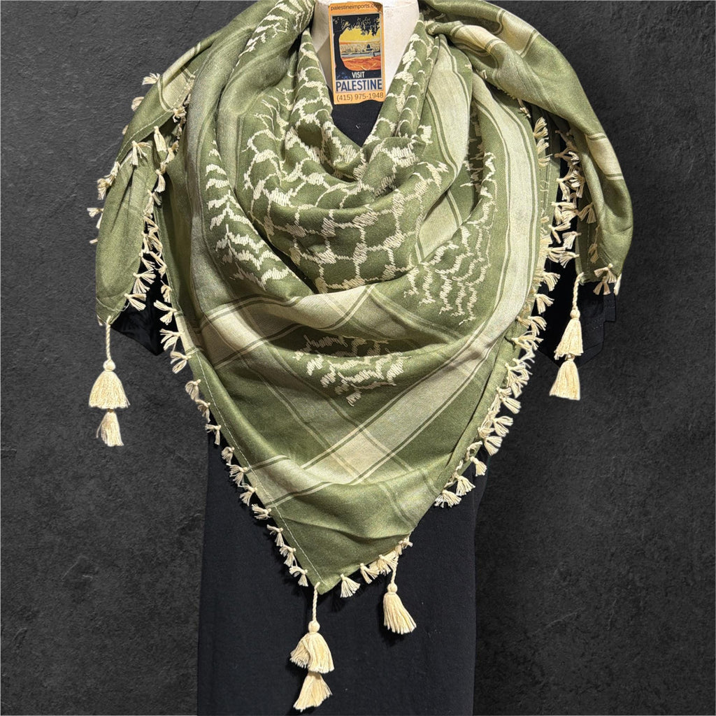 Woven keffiyeh tan on olive green with 4 sides Tassels - 48"x48"