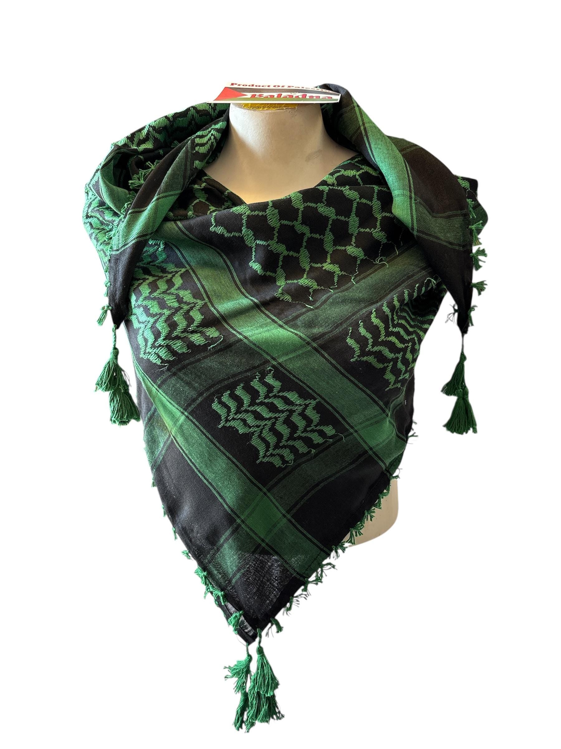 Woven keffiyeh green on black with 4 sides Tassels - 48"x48"