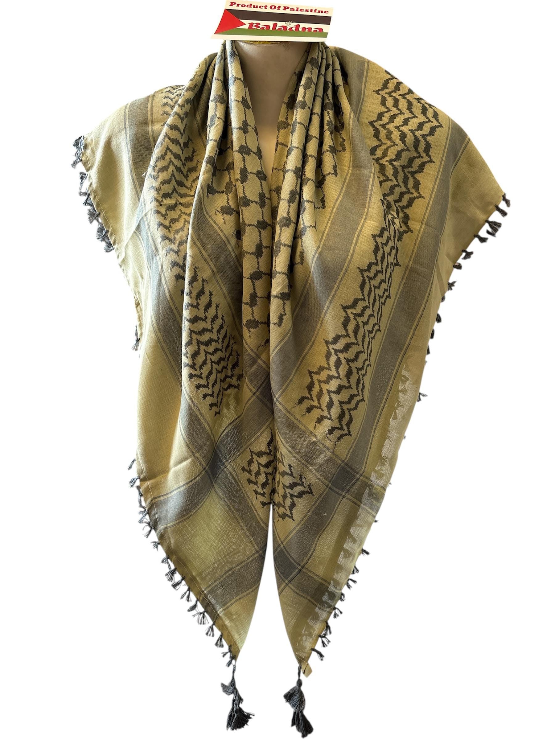 Woven keffiyeh grey on light olive green  with 4 sides Tassels - 48"x48"