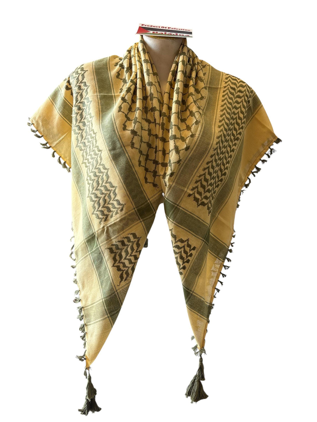 Woven keffiyeh olive green on tan with 4 sides Tassels - 48"x48"