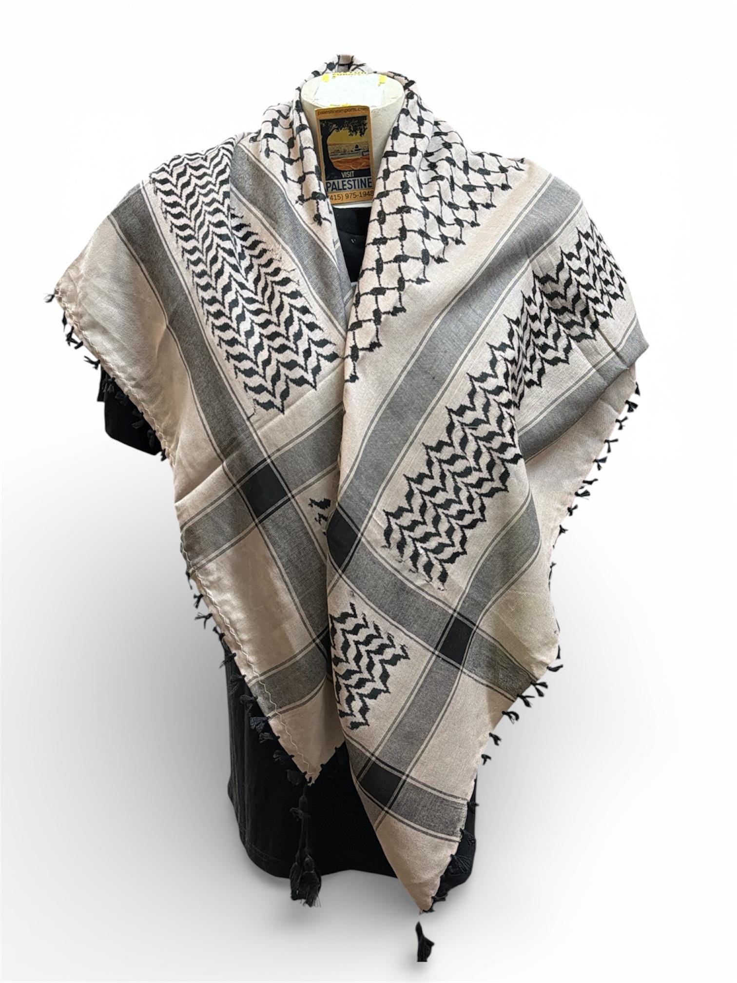 Woven keffiyeh Black  on beige with 4 sides Tassels - 48"x48" check pics for true color