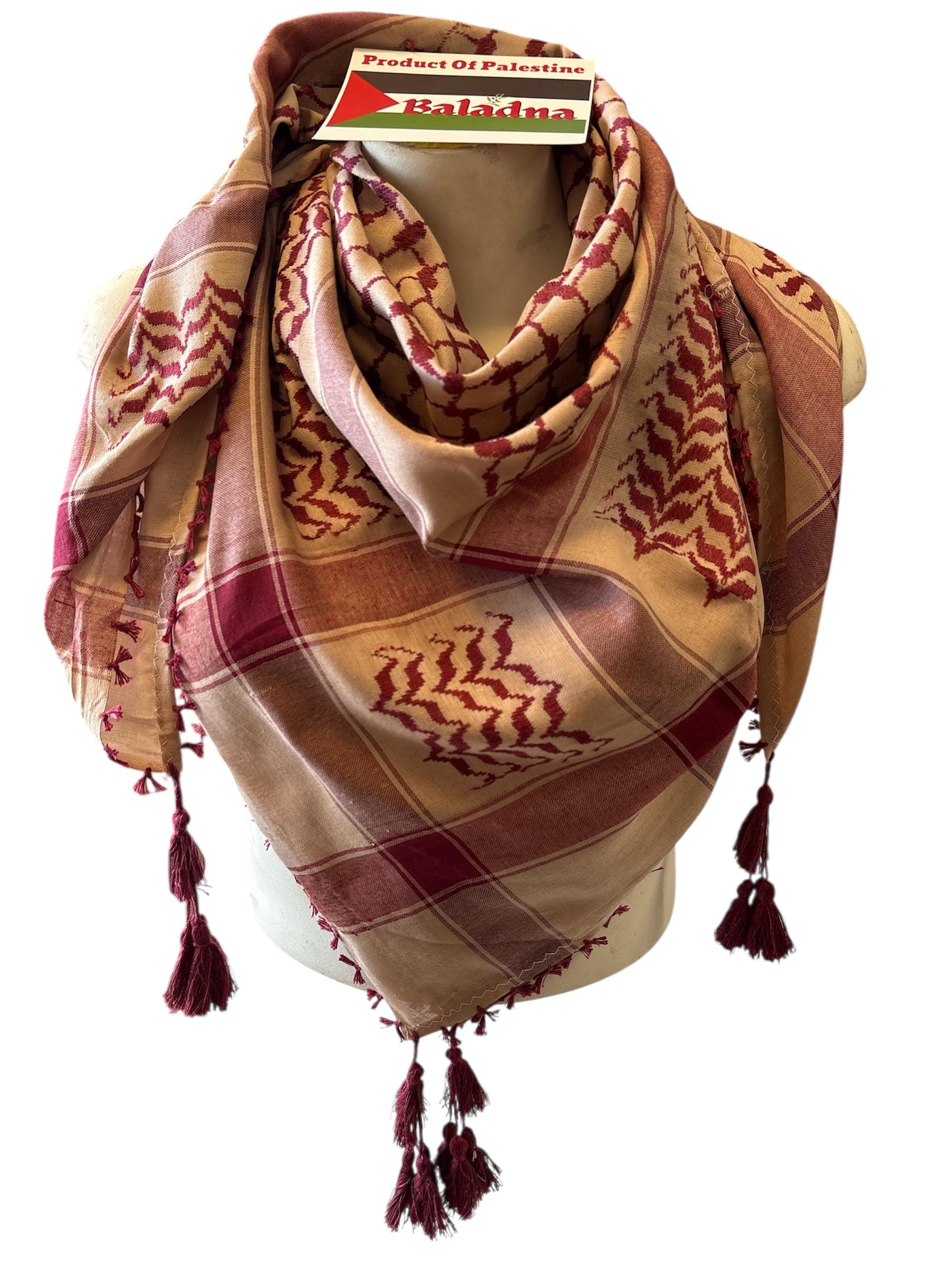 Woven keffiyeh burgundy on light peony with 4 sides Tassels - 48"x48"