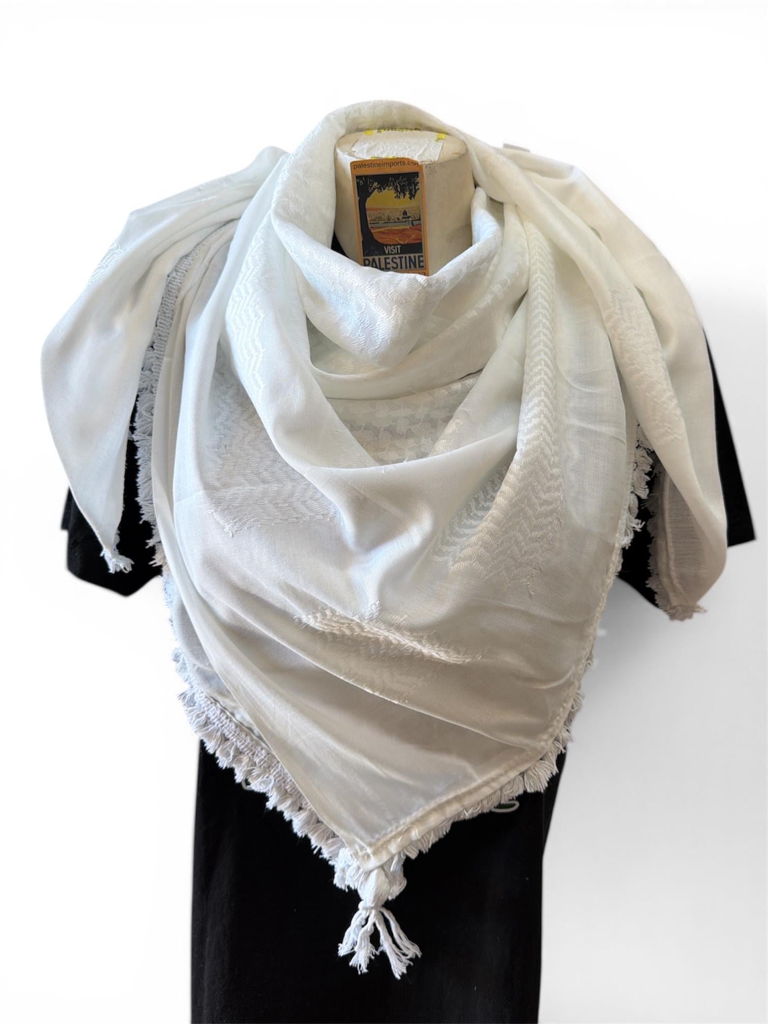 Authentic Palestine Made keffiyeh Scarf: white on white with Woven Tessels