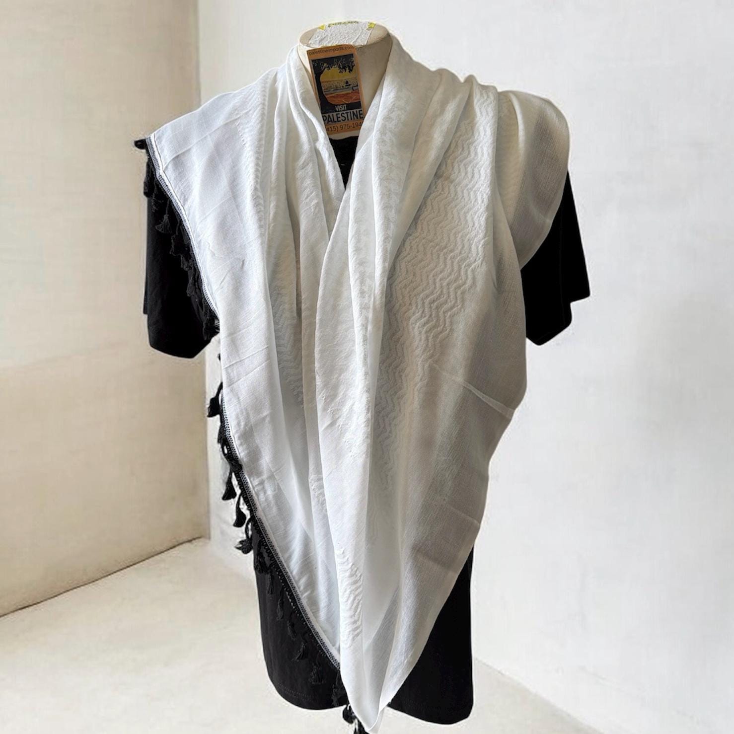 Authentic Palestine Made keffiyeh Scarf: white on white with Woven Tessels