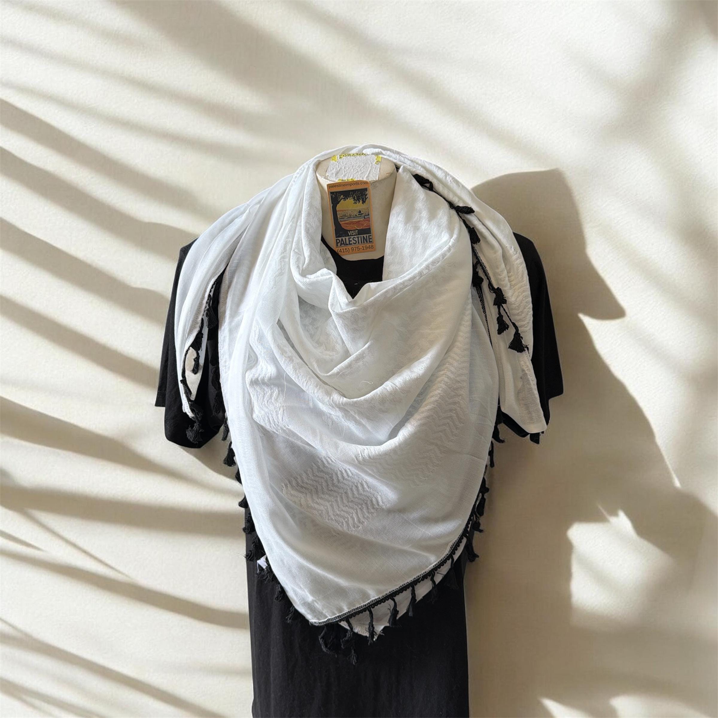 Authentic Palestine Made keffiyeh Scarf: white on white with Woven Tessels