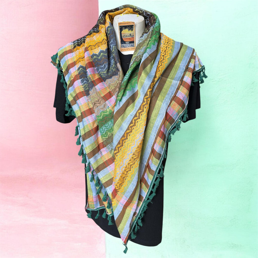 Authentic Palestine Made keffiyeh Scarf: multicolor kufiyeh with Woven Tessels