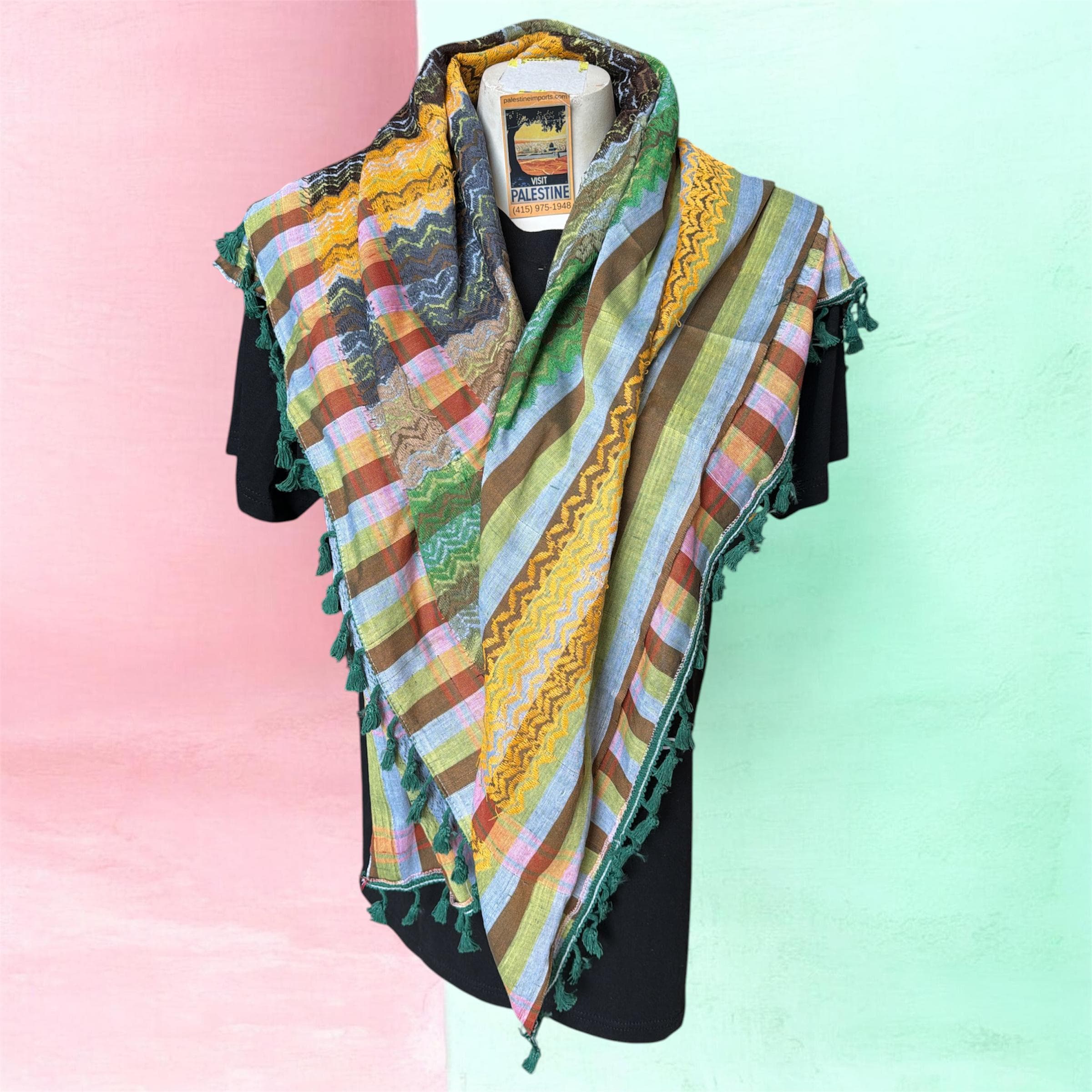 Authentic Palestine Made keffiyeh Scarf: multicolor kufiyeh with Woven Tessels