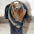 Authentic Palestine Made keffiyeh Scarf: multi colored on black with Woven Tessels