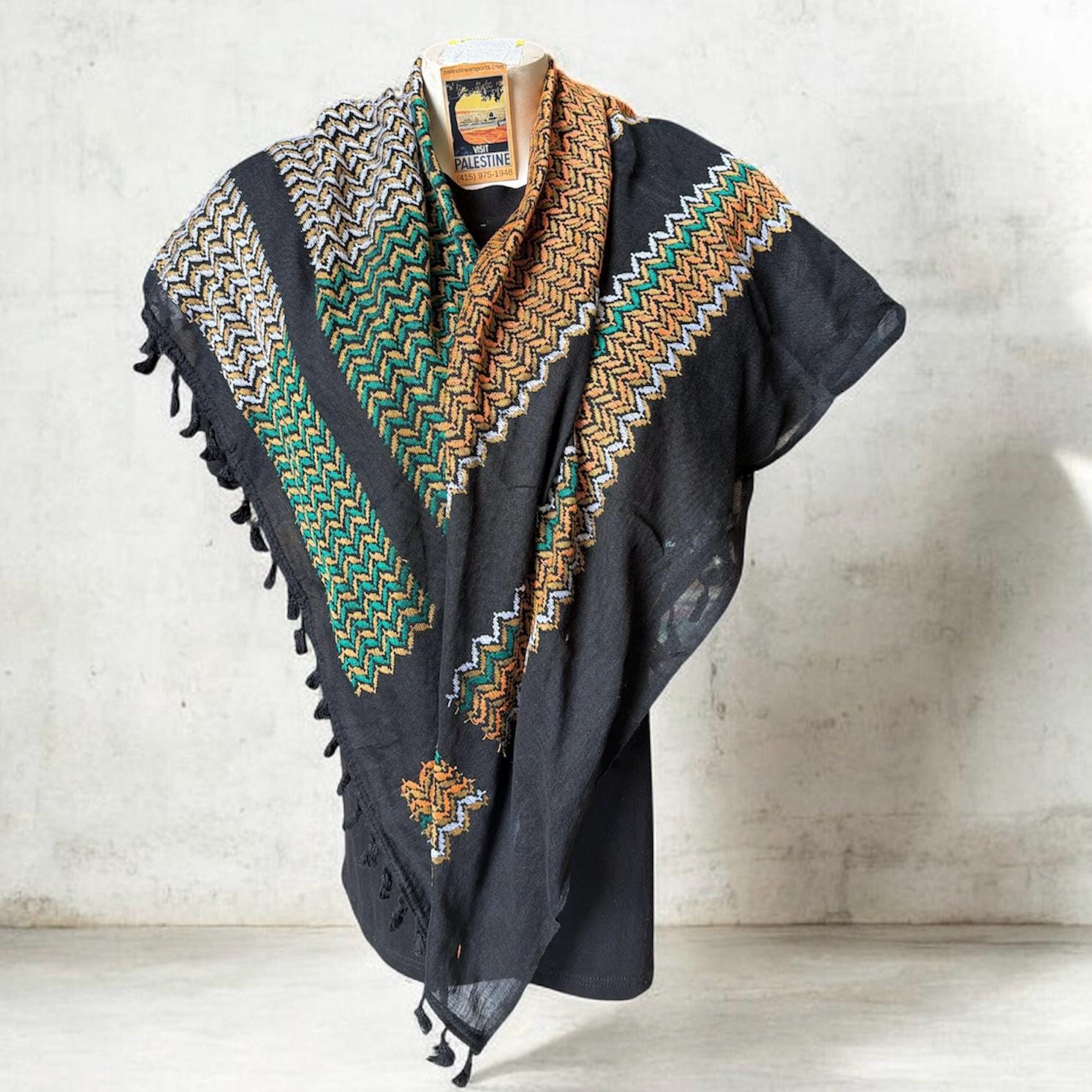 Authentic Palestine Made keffiyeh Scarf: multi colored on black with Woven Tessels