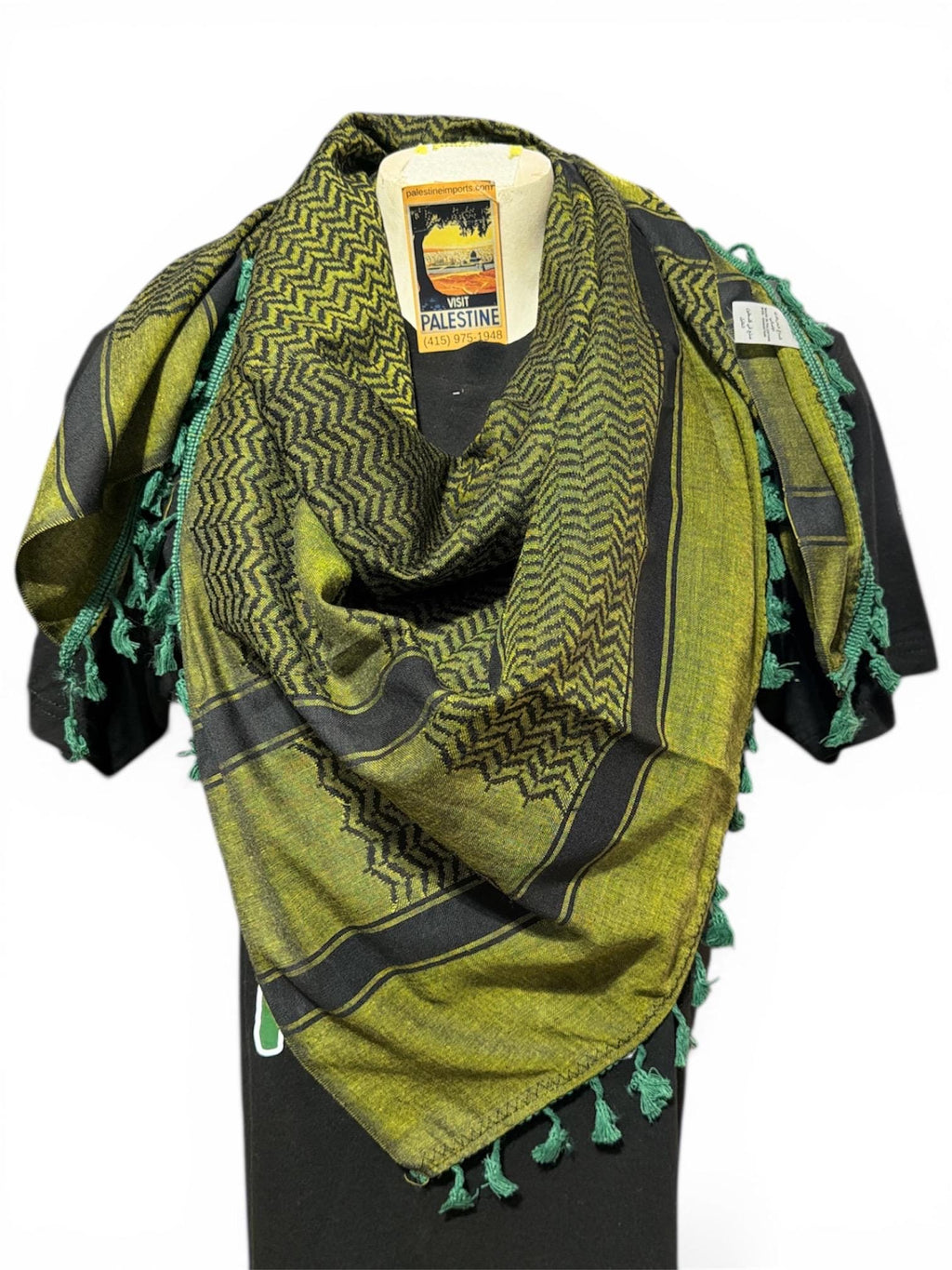 Authentic Palestine Made keffiyeh Scarf: olive green on black with Woven Tessels