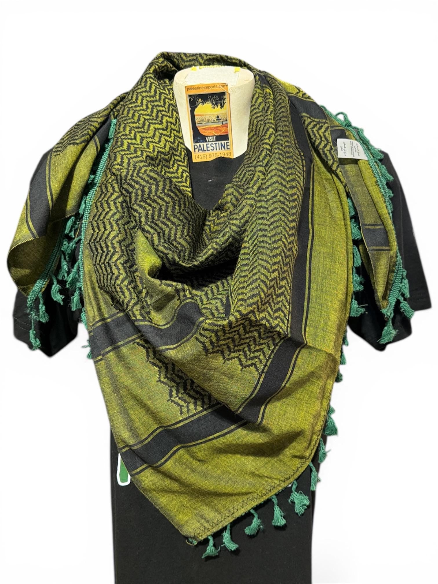 Authentic Palestine Made keffiyeh Scarf: olive green on black with Woven Tessels