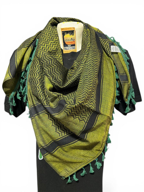 Authentic Palestine Made keffiyeh Scarf: olive green on black with Woven Tessels