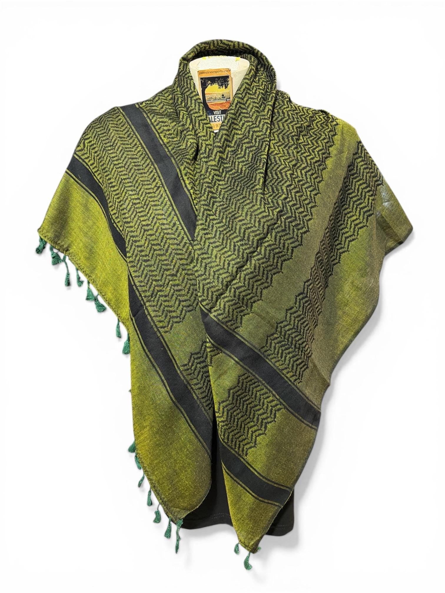Authentic Palestine Made keffiyeh Scarf: olive green on black with Woven Tessels