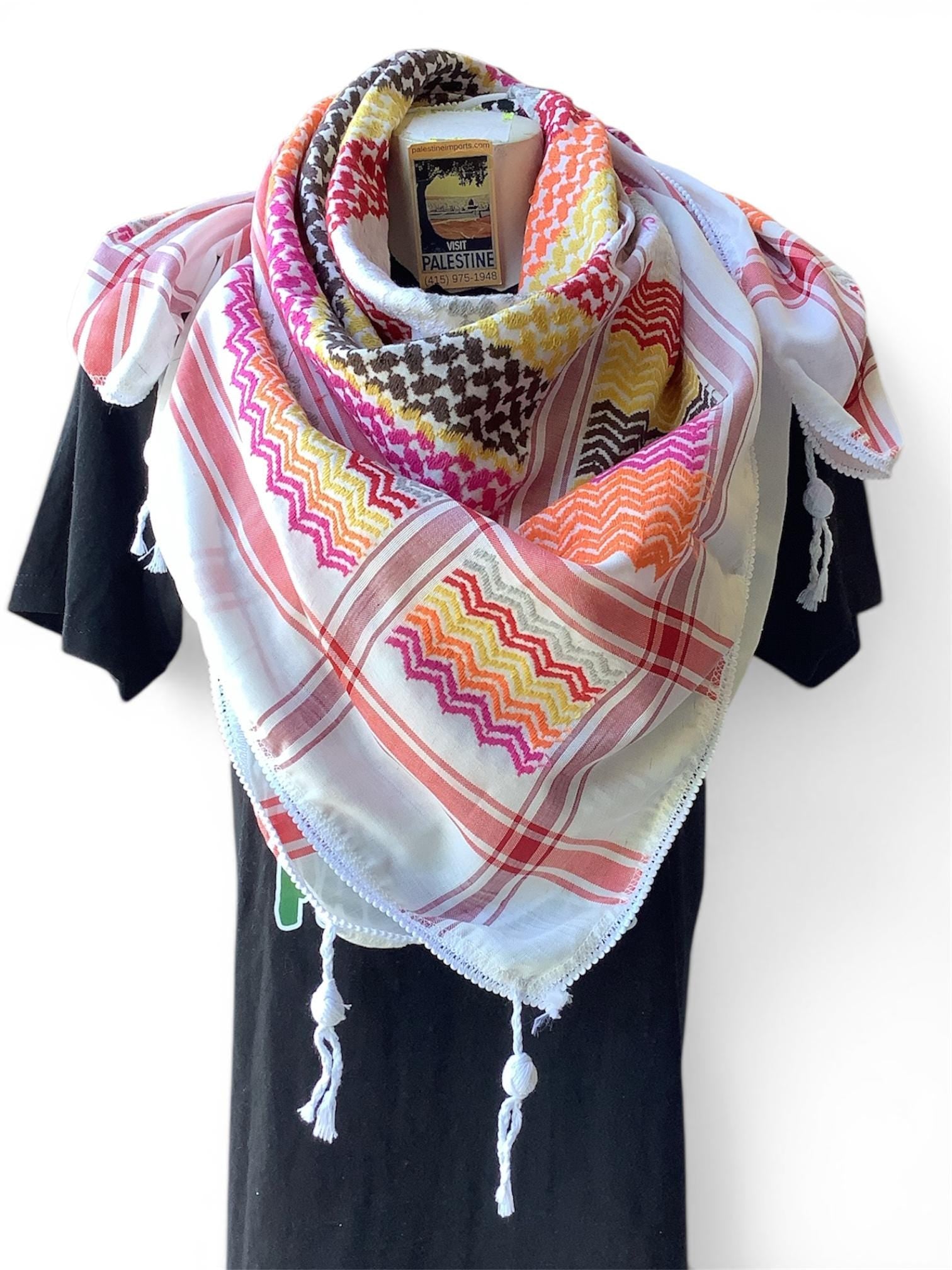 Woven keffiyeh multicolor on white with 4 sides regular Tassels - 48"x48"