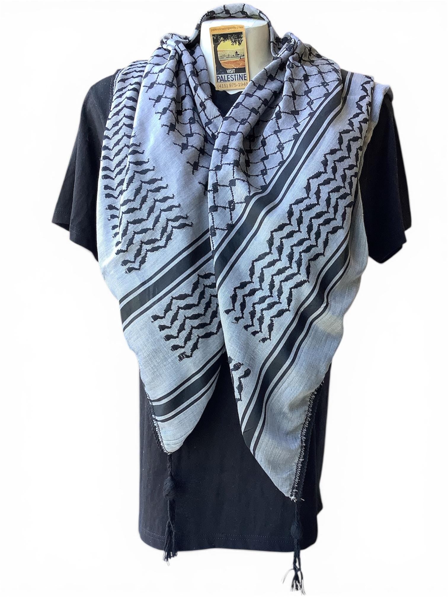 Woven keffiyeh black on grey with 4 sides regular Tassels - 48"x48"