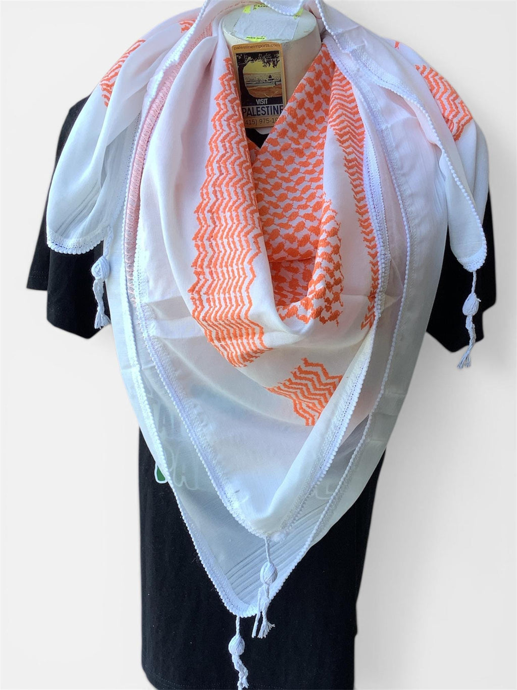 Woven keffiyeh fishnet design on white with 4 sides regular Tassels - 48"x48"
