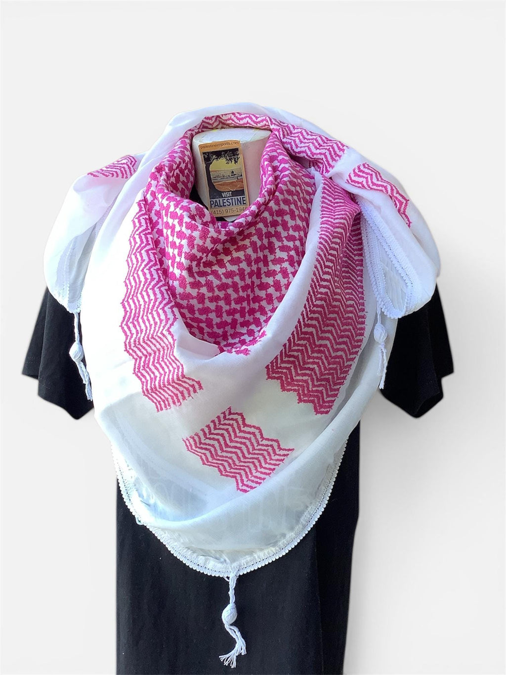 Woven keffiyeh fishnet design on white with 4 sides regular Tassels - 48"x48"