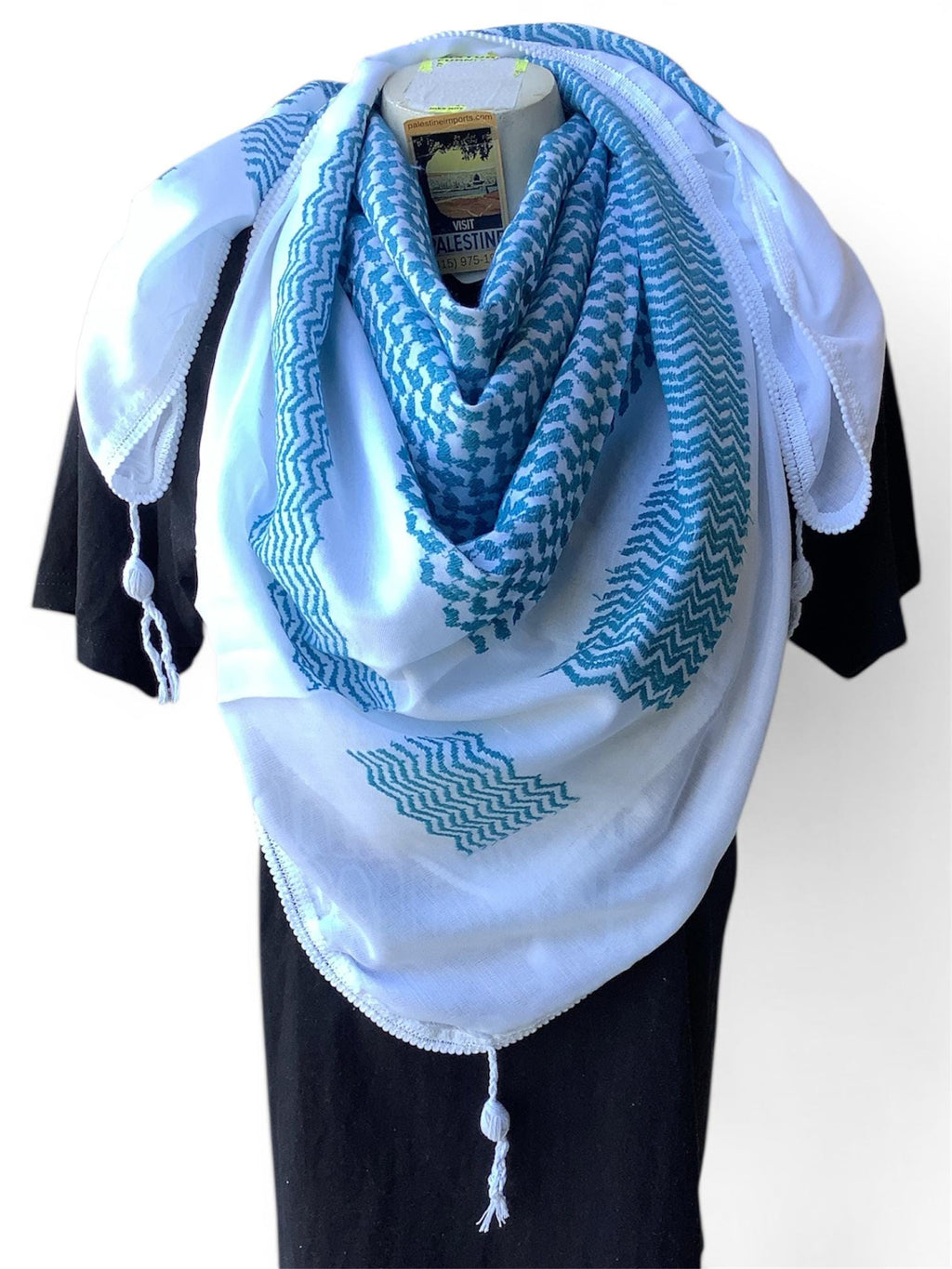 Woven keffiyeh fishnet design on white with 4 sides regular Tassels - 48"x48"