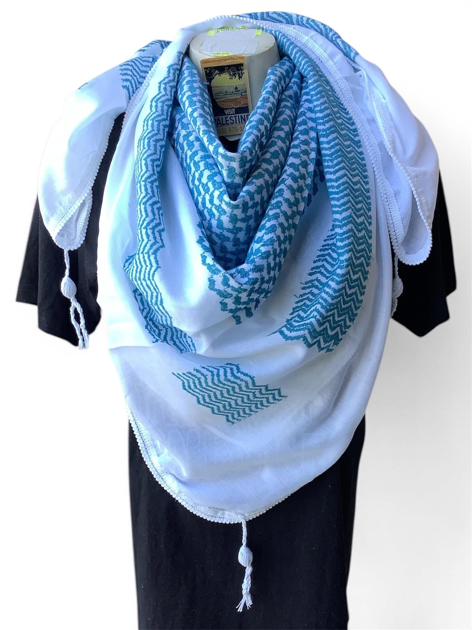 Woven keffiyeh fishnet design on white with 4 sides regular Tassels - 48"x48"