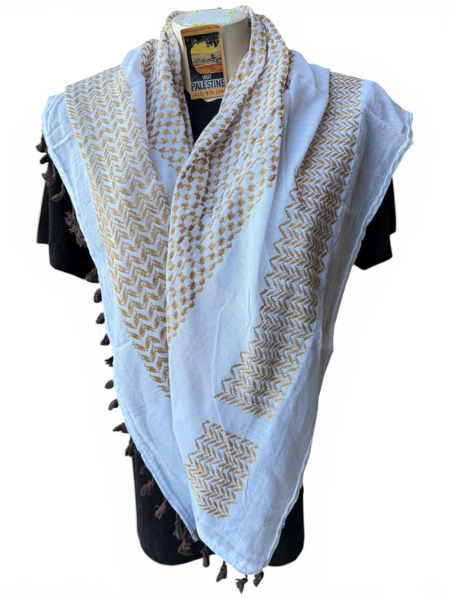 Authentic Palestine Made keffiyeh Scarf: gold on white with brown Woven Tessels