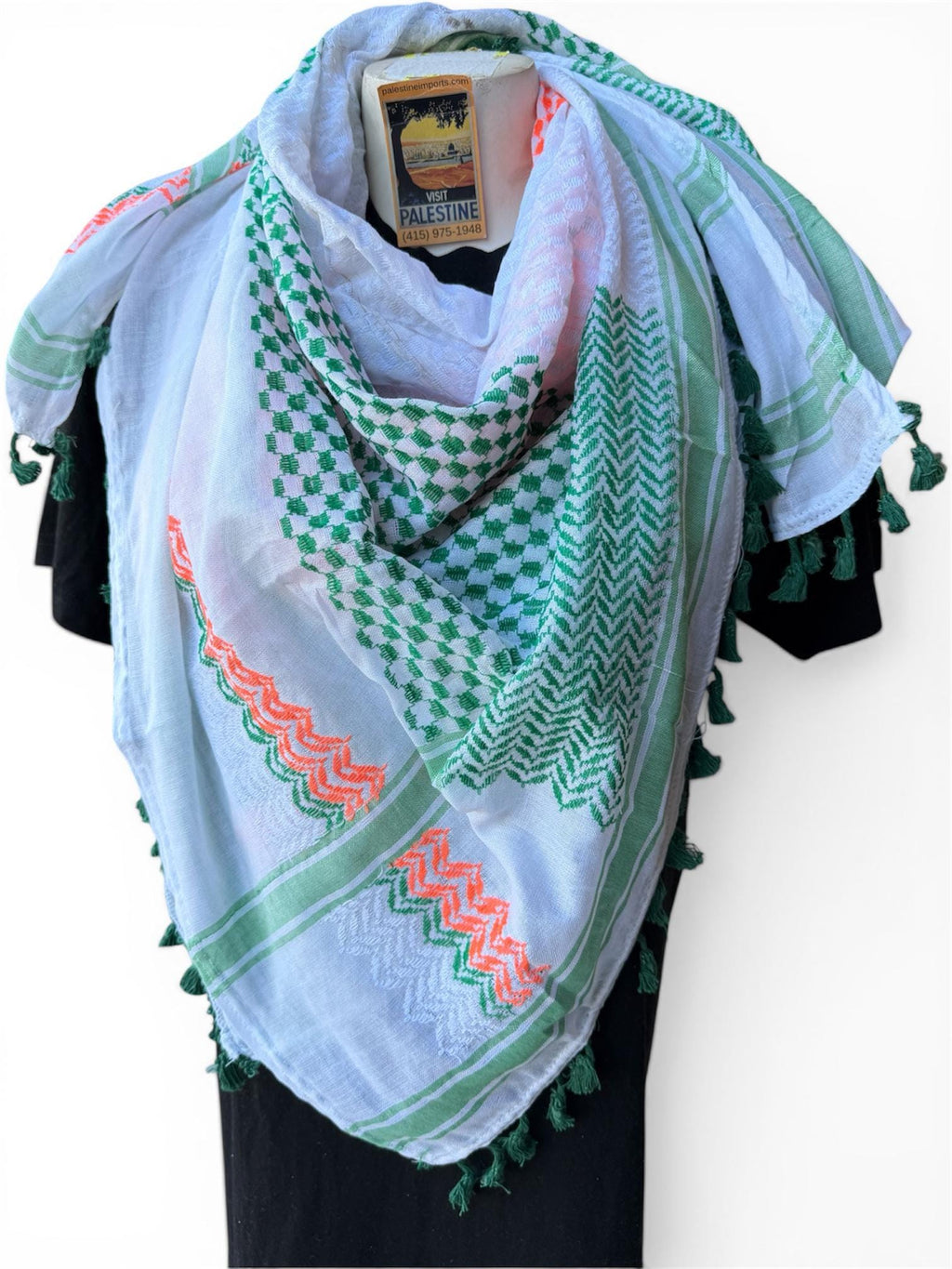 Authentic Palestine Made keffiyeh Scarf:orange and green on white with Woven Tessels