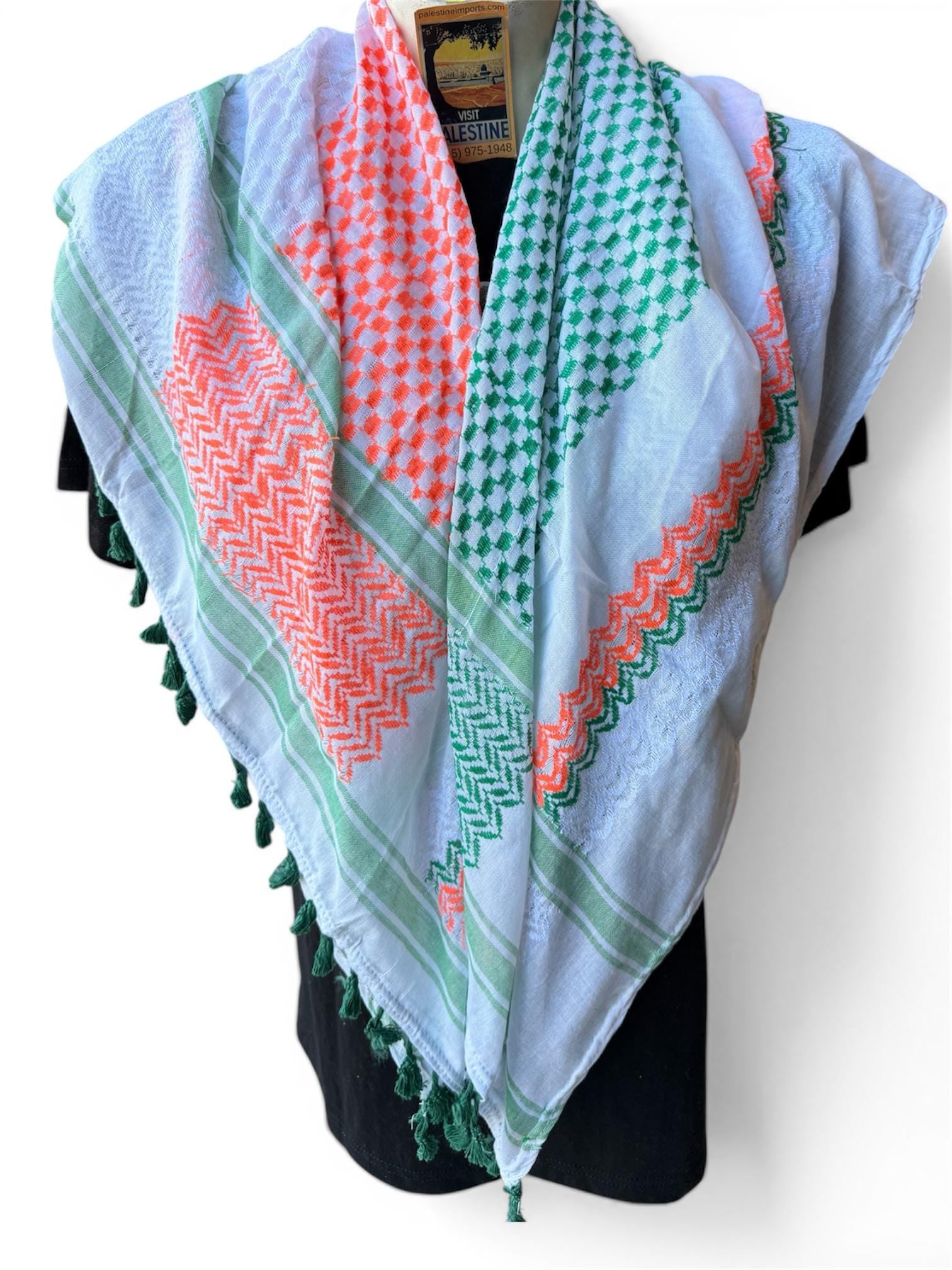 Authentic Palestine Made keffiyeh Scarf:orange and green on white with Woven Tessels