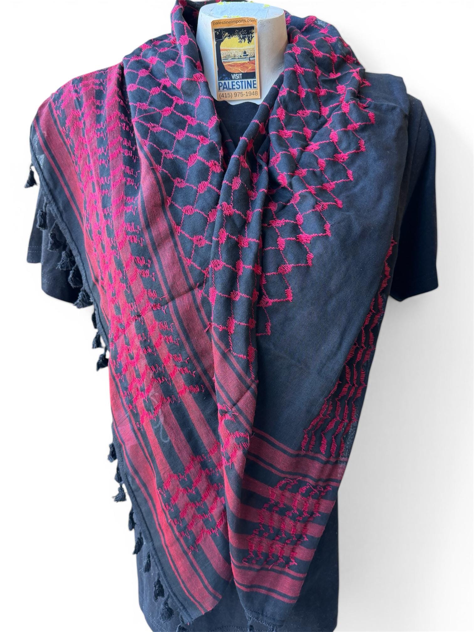 Authentic Palestine Made keffiyeh Scarf: hot pink on black with Woven Tessels