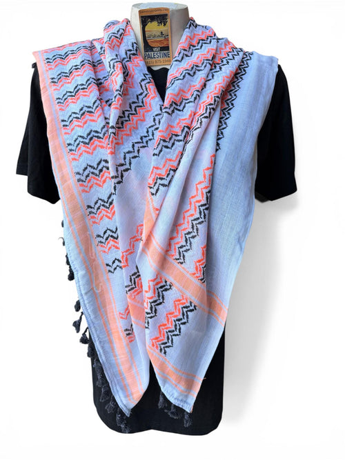 Authentic Palestine Made keffiyeh Scarf: orange and black on white with Woven Tessels