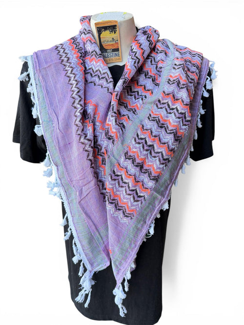 Authentic Palestine Made keffiyeh Scarf: white,black,orange on purple with white Woven Tessels