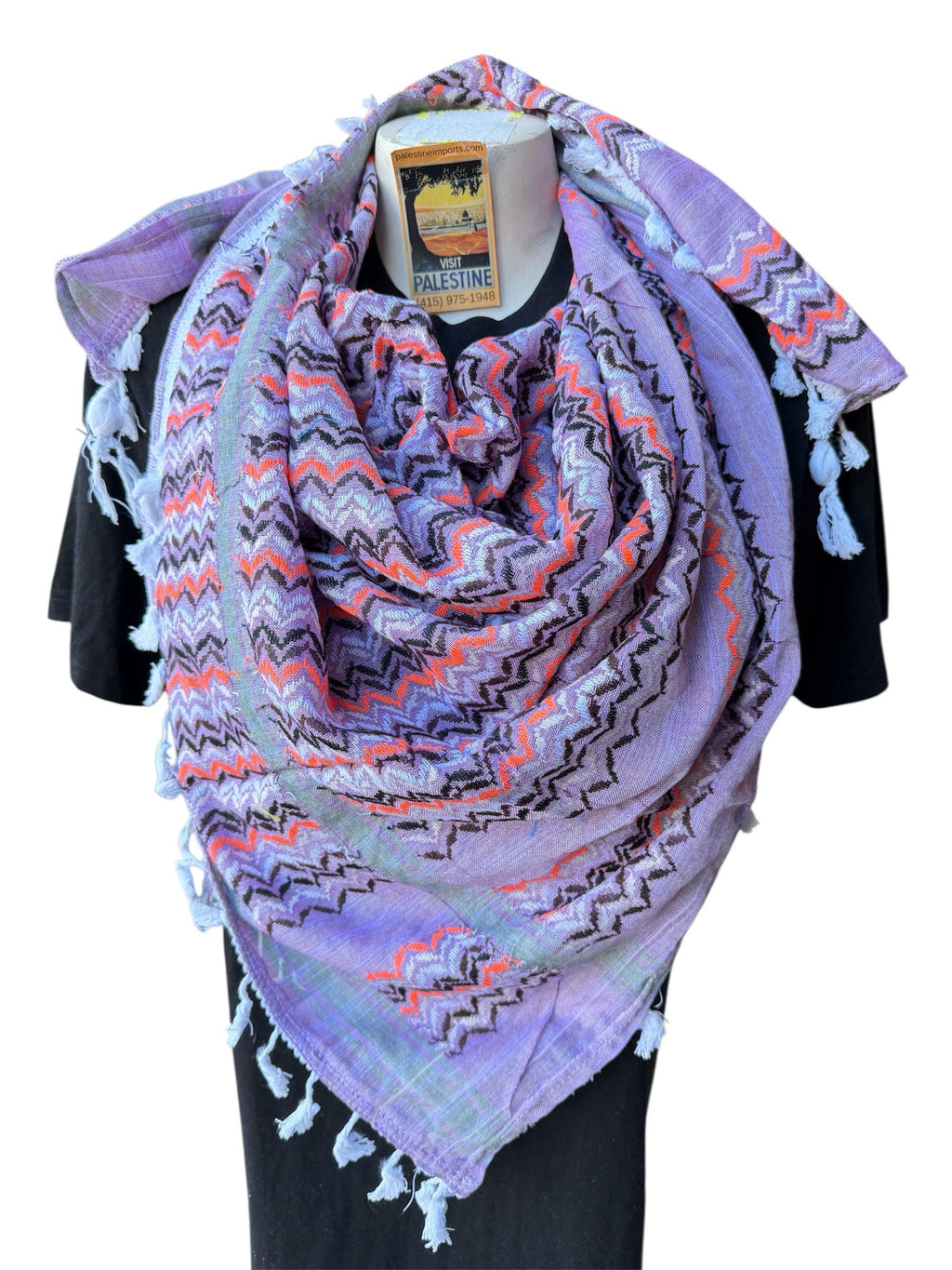 Authentic Palestine Made keffiyeh Scarf: white,black,orange on purple with white Woven Tessels