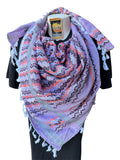 Authentic Palestine Made keffiyeh Scarf: white,black,orange on purple with white Woven Tessels